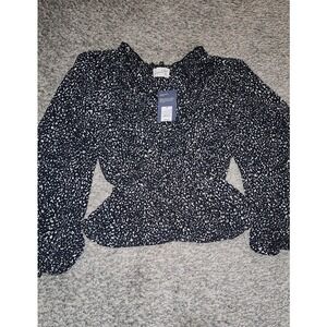 Universal Thread‎ Black White Speckled Peplum Blouse Long Sleeve Women's M